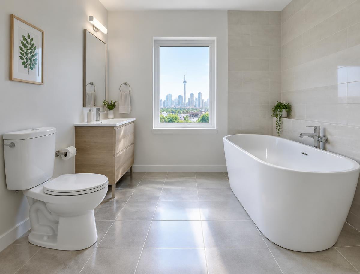 Illustrative finished bathroom with a toilet, bathtub, tiled floor and vanity